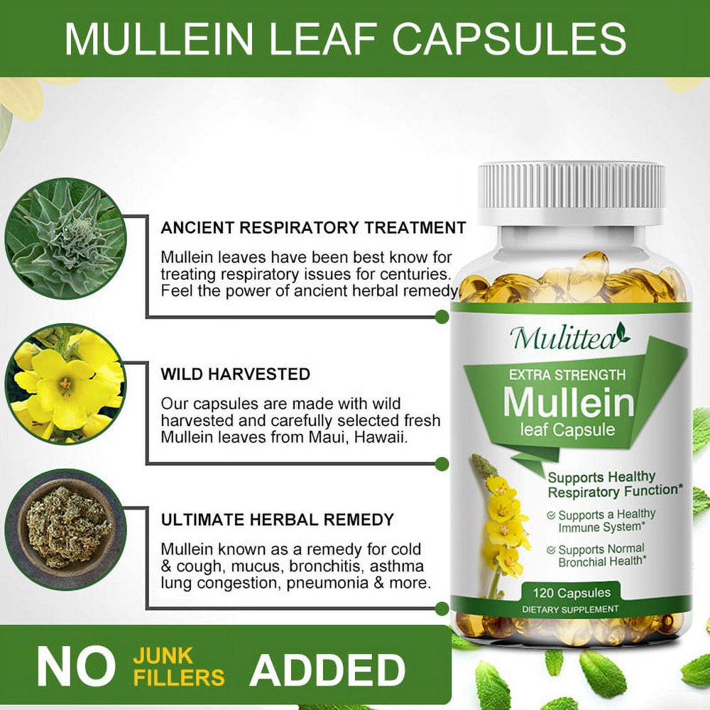 Mullein Leaf Capsules Herbal Supplement Supports Respiratory Function Health,120Count/Bottle
